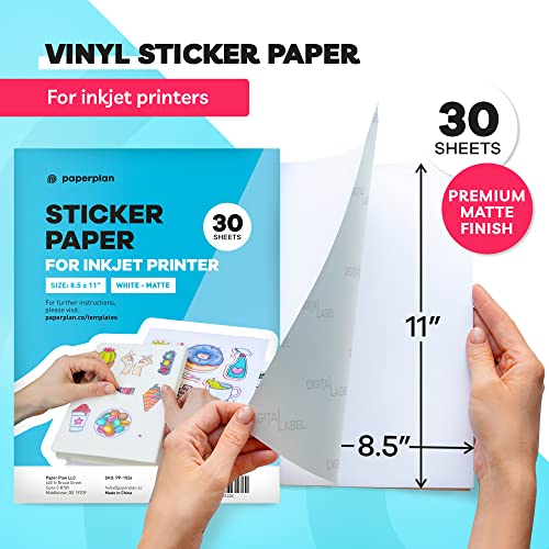 (30 Sheets) Printable Vinyl Sticker Paper for Inkjet Printer Waterproof - White, Matte, 8.5 x 11 Inkjet Sticker Paper, Cricut Sticker Paper Printable , Waterproof Sticker Paper / Paper Plan