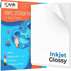 printable vinyl sticker paper for inkjet printer – glossy white – 15 self-adhesive sheets – waterproof decal paper – standard letter size 8.5″x11″