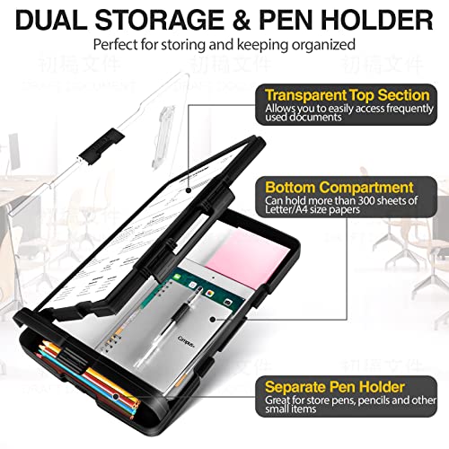 Sooez Clearview Clipboard with 2 Storage, Heavy Duty Clip Boards 8.5x11 with Storage, Dry Erase Coach Clipboard with Pen Holder & Real Hinge, High Capacity Plastic Clipboard Case with Low Profile Clip