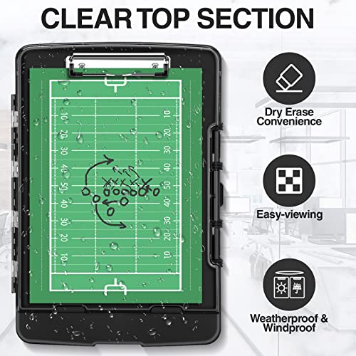 Sooez Clearview Clipboard with 2 Storage, Heavy Duty Clip Boards 8.5x11 with Storage, Dry Erase Coach Clipboard with Pen Holder & Real Hinge, High Capacity Plastic Clipboard Case with Low Profile Clip