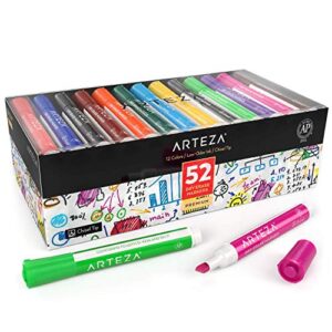 arteza dry erase markers, bulk pack of 52, chisel tip, 12 assorted colors with low-odor ink, whiteboard pens, office supplies for back to school, office, home