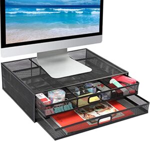 monitor stand with drawer, monitor stand, monitor riser mesh metal, desk organizer, monitor stand with storage, desktop computer stand for pc, laptop, printer – huanuo