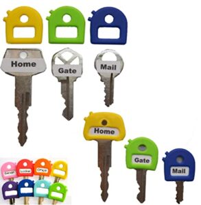 key caps tags – stretchy all-in-one key cover & tags – one size fits most keys – 8 pack multicolor – includes blank labels and printed labels – key covers, n
