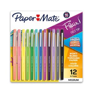 paper mate flair felt tip pens, medium point, special edition tropical vacation, pack of 12 (1979425)