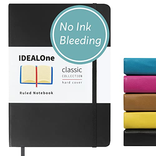 IDEALOne Journal Notebook Lined Classic Hardcover – For Work, Home, School, 5.7 x 8 inches, 160 pages, 100GSM Thick Paper, with Elastic Band Closure and Ribbon Bookmark, Black