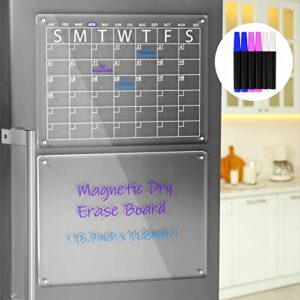 aitee acrylic magnetic dry erase board and calendar for fridge, clear set of 2 dry erase board calendar for refrigerator reusable planner, includes 6 dry erase markers with 3 colors(16″x12″inches)