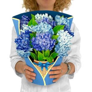 freshcut paper pop up cards, nantucket hydrangeas, 12 inch life sized forever flower bouquet 3d popup greeting cards with blank note card and envelope