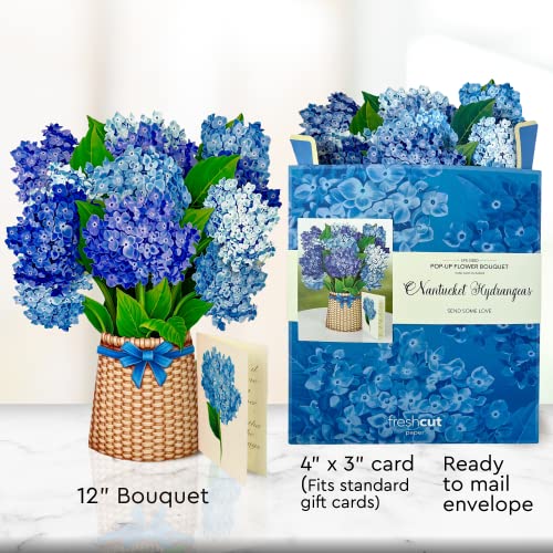 Freshcut Paper Pop Up Cards, Nantucket Hydrangeas, 12 inch Life Sized Forever Flower Bouquet 3D Popup Greeting Cards with Blank Note Card and Envelope