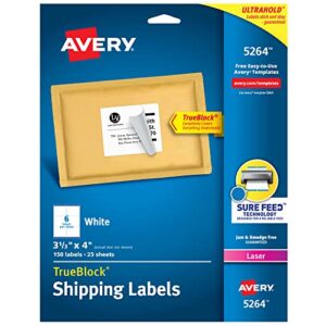 avery shipping address labels, laser printers, 150 labels, 3-1/3×4 labels, permanent adhesive, trueblock (5264), white