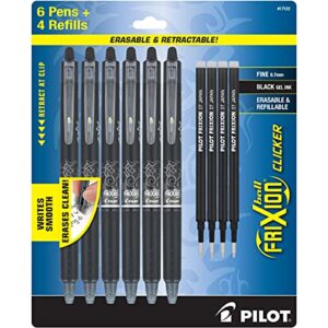 pilot frixion erasable pens – 6 pack of black ink pens + 4 bonus refills – frixion clicker erasable pens retractable gel ink pen – fine point 0.7 mm used for rocketbook & notebook