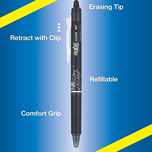 Pilot Frixion Erasable Pens - 6 Pack of Black Ink Pens + 4 Bonus Refills - Frixion Clicker Erasable Pens Retractable Gel Ink Pen - Fine Point 0.7 mm Used for Rocketbook & Notebook