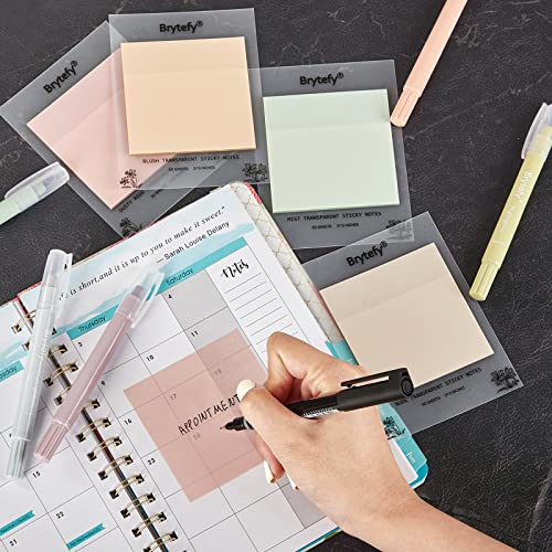 Pastel Transparent Sticky Notes, Set of 4 Pads 3''x3” Clear Sticky Tabs, Translucent Page Flags Book Markers Stickers, Planner Accessories, Bible Journaling Study Office School Supplies