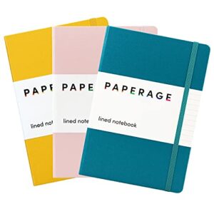 paperage lined journal notebooks, 3 pack, (yellow, blush & turquoise), 160 pages, medium 5.7 inches x 8 inches – 100 gsm thick paper, hardcover