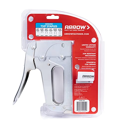 Arrow T50 Heavy Duty Staple Gun for Upholstery, Wood, Crafts, DIY and Professional Uses, Manual Stapler Uses 1/4”, 5/16”, 3/8", 1/2", or 9/16” Staples