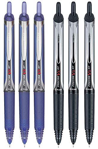 Pilot Precise V5 RT Retractable Rolling Ball Pens, Extra Fine Point, 3 Black & 3 Blue, (6 Pens)