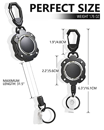 LIUGX 2 Pack Retractable Keychain, Heavy Duty Carabiner Key Chains, 10,000+ Rebound, Impact Resistance ID Badge Reels with 31.5” Wire Rope and Key Ring, Up to 8oz, Aluminum Ring, Carbon Fiber-Texture