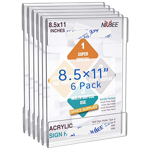 NIUBEE 8.5x11 Clear Acrylic Plexi Sign Holders with Double Sided Adhesive Tape, Wall Sign Memo Document Menu Holder for Office, Home, Store, Restaurant-No Drilling (6 Pack)