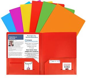 habgp 6 pack plastic folders with pockets, multiple color heavy duty 2 pocket letter size folders w business card holder for school office