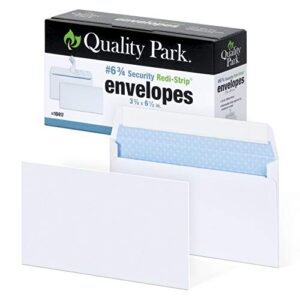 quality park #6 3/4 self-seal security envelopes, security tint and pattern, redi-strip closure, 24-lb white wove, 3-5/8 x 6-1/2, 100/box (qua10417)