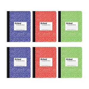 oxford composition notebook 6 pack, college ruled paper, 9-3/4 x 7-1/2 inches, 100 sheets, assorted marble covers. 2 each: blue, green, red (63763)