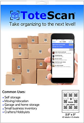 ToteScan Intelligent QR Labels for organizing & Storage (45 Unique Labels, 2.5"x3")