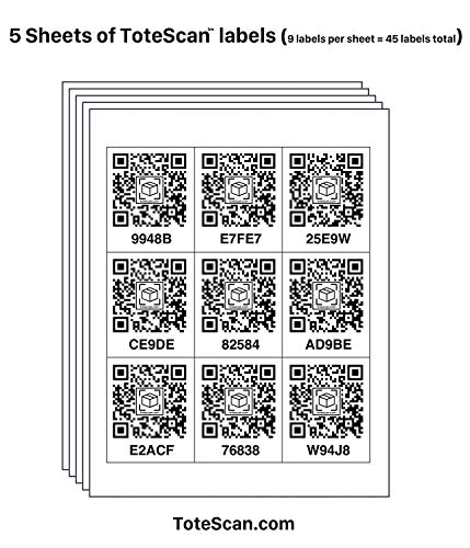 ToteScan Intelligent QR Labels for organizing & Storage (45 Unique Labels, 2.5"x3")