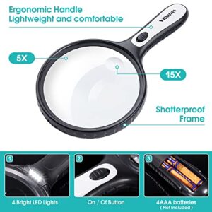 Magnifying Glass with Light, Large Magnifier 5X 15X Handheld Illuminated Lighted Magnifier with 4 LED Lights Storage Bag Clean Cloth for Seniors Reading, Inspection, Exploring