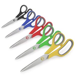 pyof scissors, 8″ scissors all purpose stainless steel craft scissors sharp fabric scissors comfort grip scissors for office school home right/left handed 5 packs(yellow, green, blue)