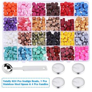 PAXCOO 624Pcs Sealing Wax Beads, Sealing Wax for Wax Seal Stamp, Hexagon Wax Seal Beads with A Wax Spoon and 4Pcs Tea Candles (24 Colors)