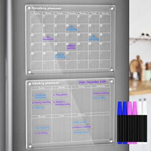 aitee acrylic magnetic monthly and weekly calendar for fridge, clear set of 2 dry erase board calendar for fridge reusable planner, includes 6 dry erase markers with 3 colors(16″x12″inches)