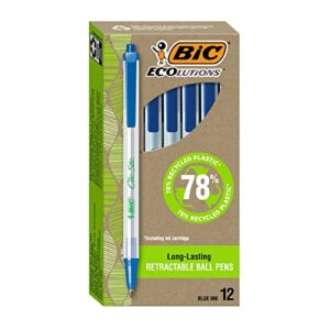 bic ecolutions clic stic blue ballpoint pens, medium point (1.0mm), 12-count pack, retractable ball point pens made from 78% recycled plastic
