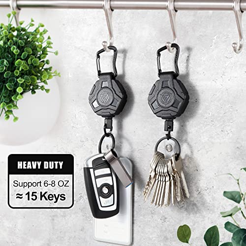 2 Pack Badge Reels Retractable, Heavy Duty Retractable Keychain, Tactical ID Badge Holder with Upgraded Zinc Alloy Carabiner, 31.5'' Coated Steel Cord, Bearing 8.0 oz- Black