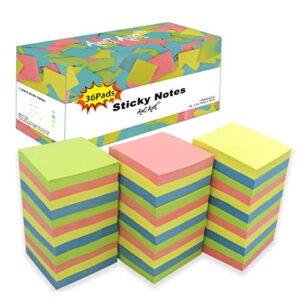 sticky notes 3×3, self-stick notes, 36 pads, 100 sheets/pad, assorted colors stickies, easy to post notes for study, works, daily life (36)