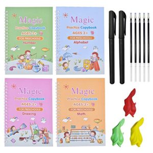4 pack groove magic practice copybook for kids, comfy kindergarten handwriting set, life pigment copy book, reusable tracing workbook with pens & aid pen grips