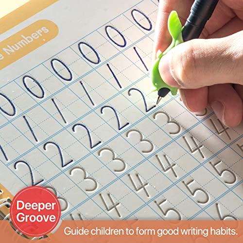 4 Pack Groove Magic Practice Copybook for Kids, Comfy Kindergarten Handwriting Set, Life Pigment Copy Book, Reusable Tracing Workbook with Pens & Aid Pen Grips
