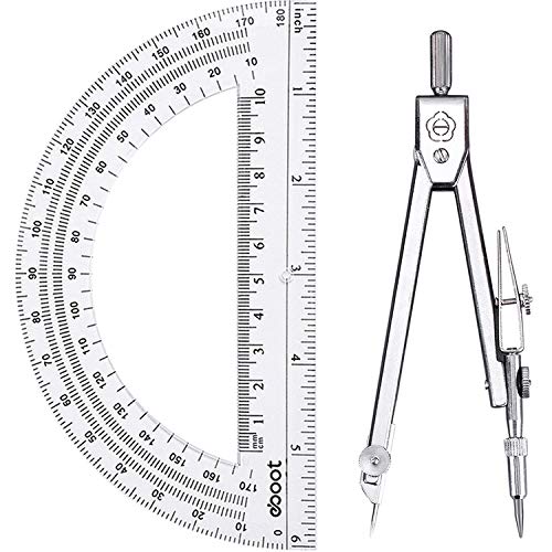 Student Geometry Math Set, Drawing Compass and 6 Inch Clear Swing Arm Protractors 180 Degree Math Protractor (Style 1)