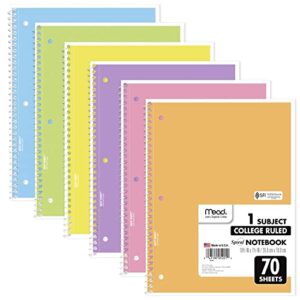 mead spiral notebook, 6 pack of 1-subject college ruled spiral bound , pastel color cute school notebooks, 70 pages