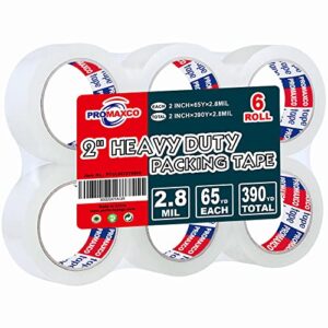 promaxco heavy duty packing tape 6 rolls, total 390y, clear, 2.8 mil, 1.88 inch x 65 yards, ultra strong, refill for packaging and shipping