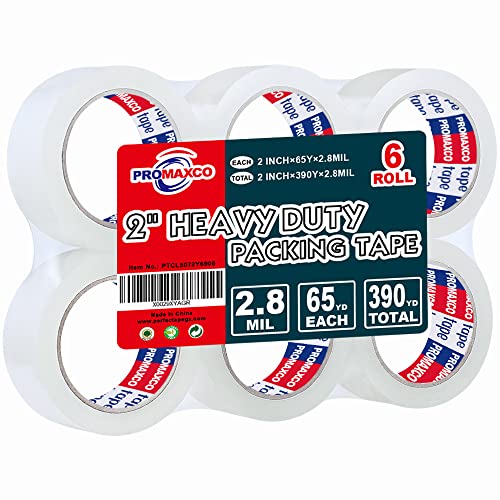 PROMAXCO Heavy Duty Packing Tape 6 Rolls, Total 390Y, Clear, 2.8 mil, 1.88 inch x 65 Yards, Ultra Strong, Refill for Packaging and Shipping