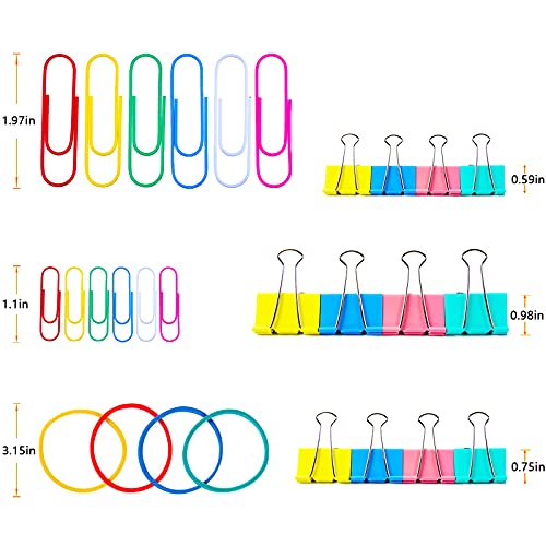 Paper Clips Binder Clips, Colored Office Clips Set - Assorted Sizes Paperclips Paper Clamps Rubber Bands for Office and School Supplies, Document Organizing