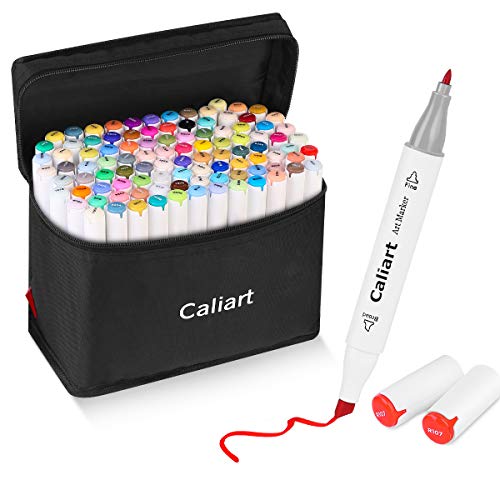 Caliart 100 Colors Artist Alcohol Markers Dual Tip Art Markers Twin Sketch Markers Pens Permanent Alcohol Based Markers with Case for Adult Kids Coloring Drawing Sketching Card Making Illustration