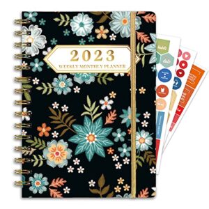 Ymumuda 2023 Planner, Weekly Monthly Planner 2023, 12 Months, JAN.2023 - DEC.2023, 8.4"×6", Spiral Planner Notebook with Stickers, Elastic Closure, Inner Pocket, Coated Tabs, Blue Embroidery Floral