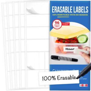 mess reusable labels for food containers – erasable kitchen labels (96-pack) labels for organizing – food labels for containers – removable labels freezer fridge – white dry erase – labels for jars