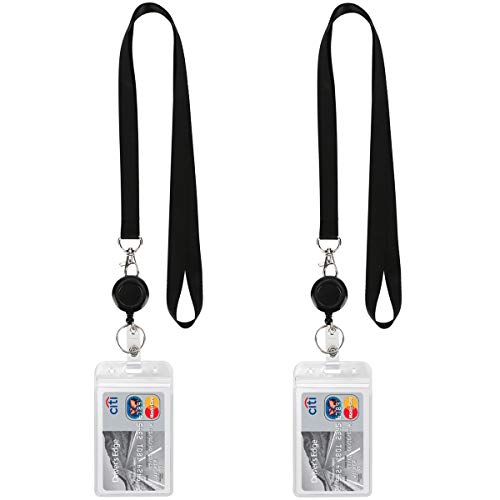 YOUOWO Lanyard Black Retractable Badge Reel with ID Badge Holder with Badge Reel Clip for id Card Badges Holders Vertical Punched Zipper Waterproof 2 Pack