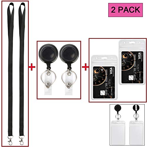 YOUOWO Lanyard Black Retractable Badge Reel with ID Badge Holder with Badge Reel Clip for id Card Badges Holders Vertical Punched Zipper Waterproof 2 Pack