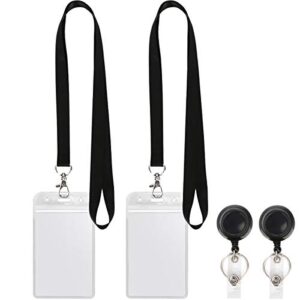 YOUOWO Lanyard Black Retractable Badge Reel with ID Badge Holder with Badge Reel Clip for id Card Badges Holders Vertical Punched Zipper Waterproof 2 Pack