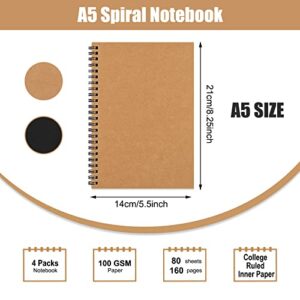 EOOUT 4 Pack Spiral Lined Notebook, Ruled Journals Notebooks, Soft Cover Notebook, 80 Sheets, 160 Pages, Lined Paper, 5" x 8", for Gifts, Office, School Supplies