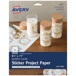avery printable sticker paper, glossy clear, 8.5″ x 11″, laser & inkjet printers, 7 sheets (4397)