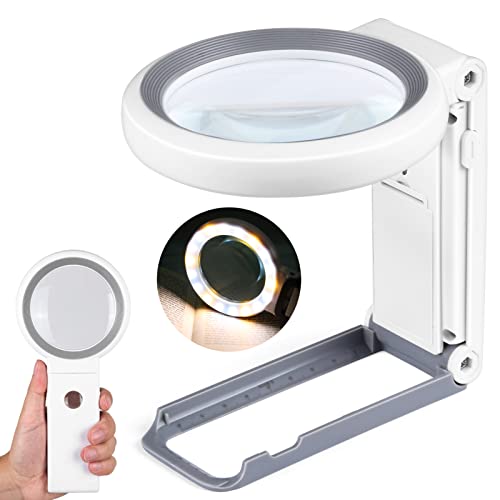 30X 10X Magnifying Glass with Light and Stand, Foldable Handheld Magnifying Glass 18 LED Illuminated Lighted Magnifier for Macular Degeneration, Seniors Reading, Close Work, Coins, Jewelry