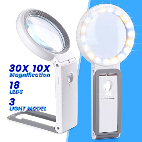 30X 10X Magnifying Glass with Light and Stand, Foldable Handheld Magnifying Glass 18 LED Illuminated Lighted Magnifier for Macular Degeneration, Seniors Reading, Close Work, Coins, Jewelry